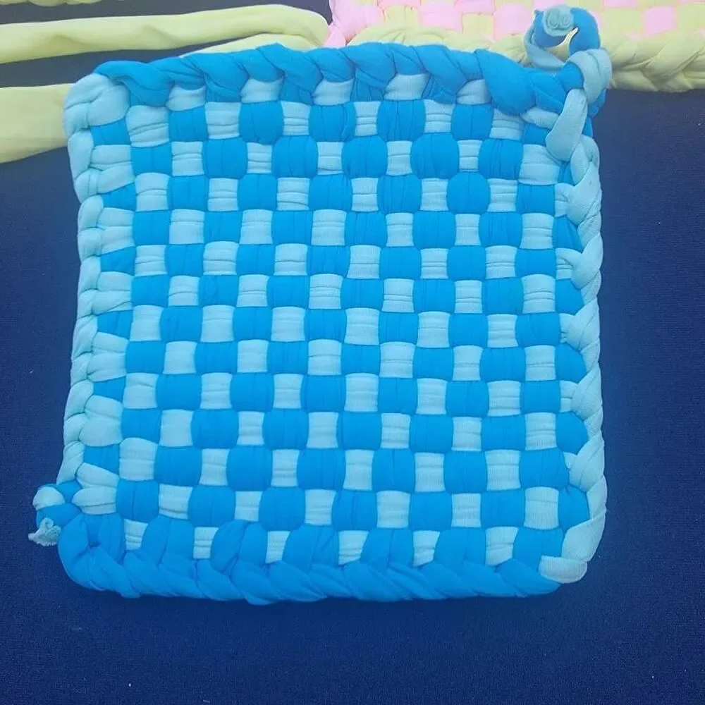 3pc Woven Pot Holders Trivets Set Blue Pink Yellow Checkered Kitchen Hot Pad